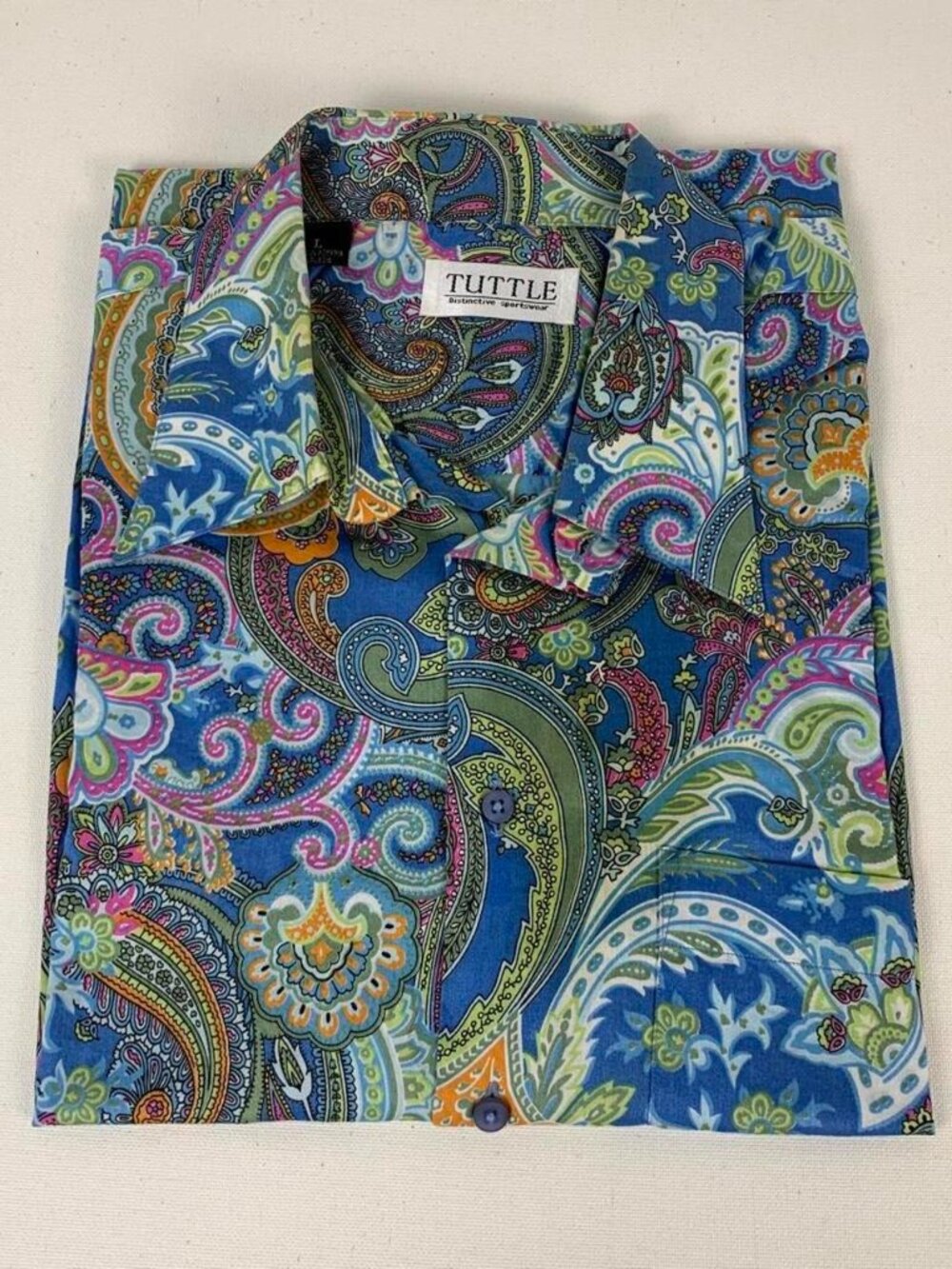 Tuttle Men's Blue Paisley Button-Up Shirt - Stylish Summer 100% Cotton, Size L